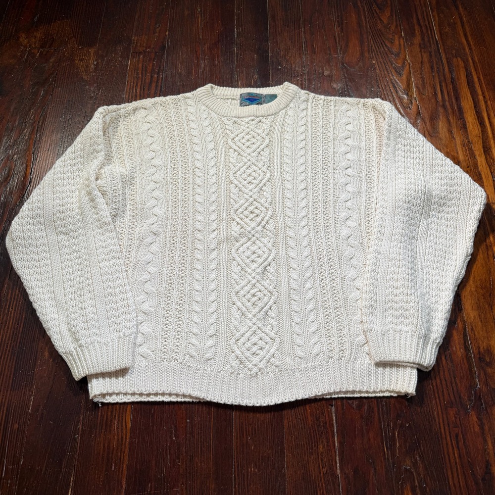 Vintage Etchings Sweater Mens L Cream Ramie Cotton Fisherman Cable Knit Crew
